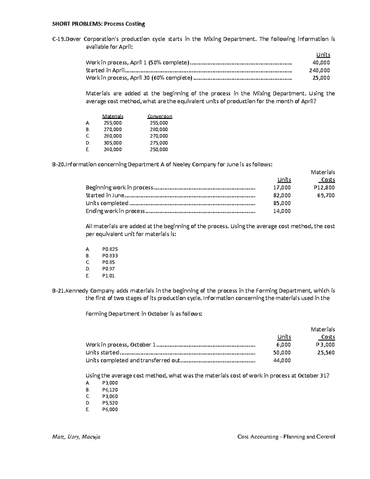 TEST 2017, questions and answers - SHORT PROBLEMS: Process Costing ...
