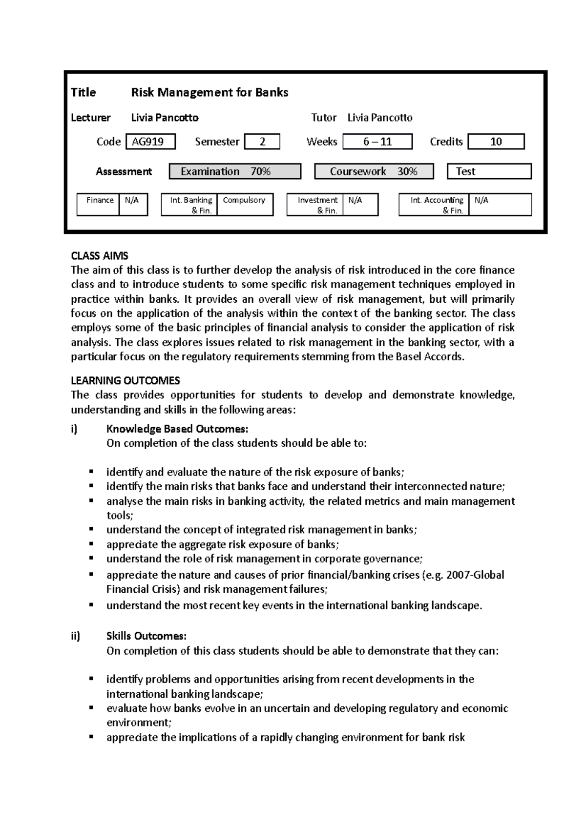 Risk Management for Banks - Title Risk Management for Banks Lecturer ...