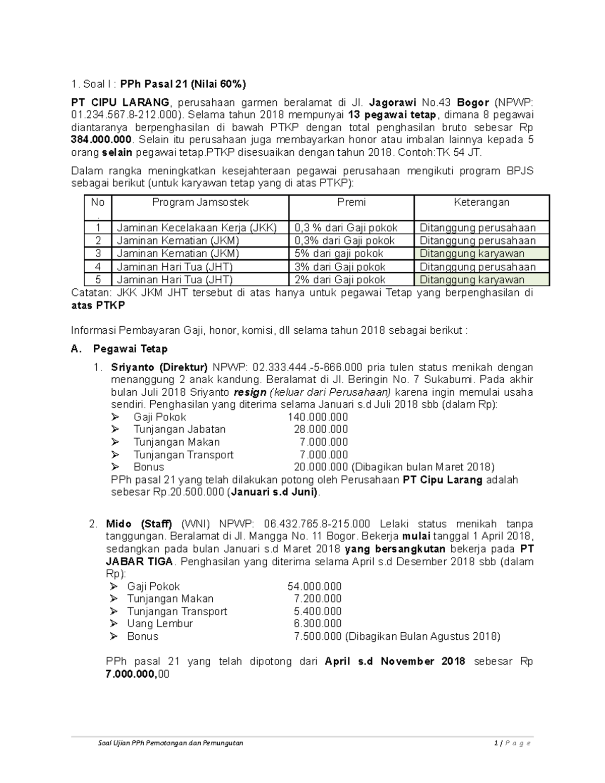 4. PPh Potput CIPU Larang 5 Soal - Soal I : PPh Pasal 21 (Nilai 60%) PT ...