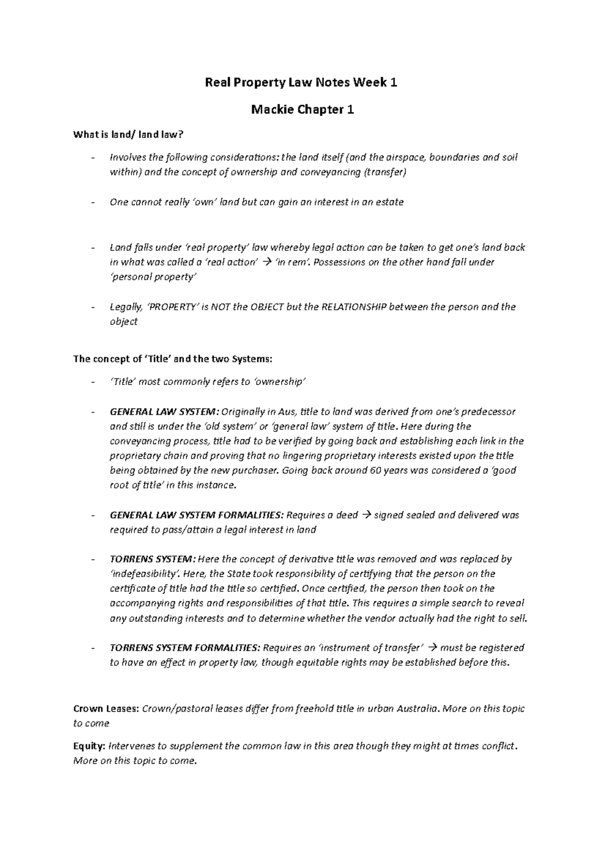 Chapter 1 and 2 Textbook (Mackie) Notes - Real Property Law Notes Week ...