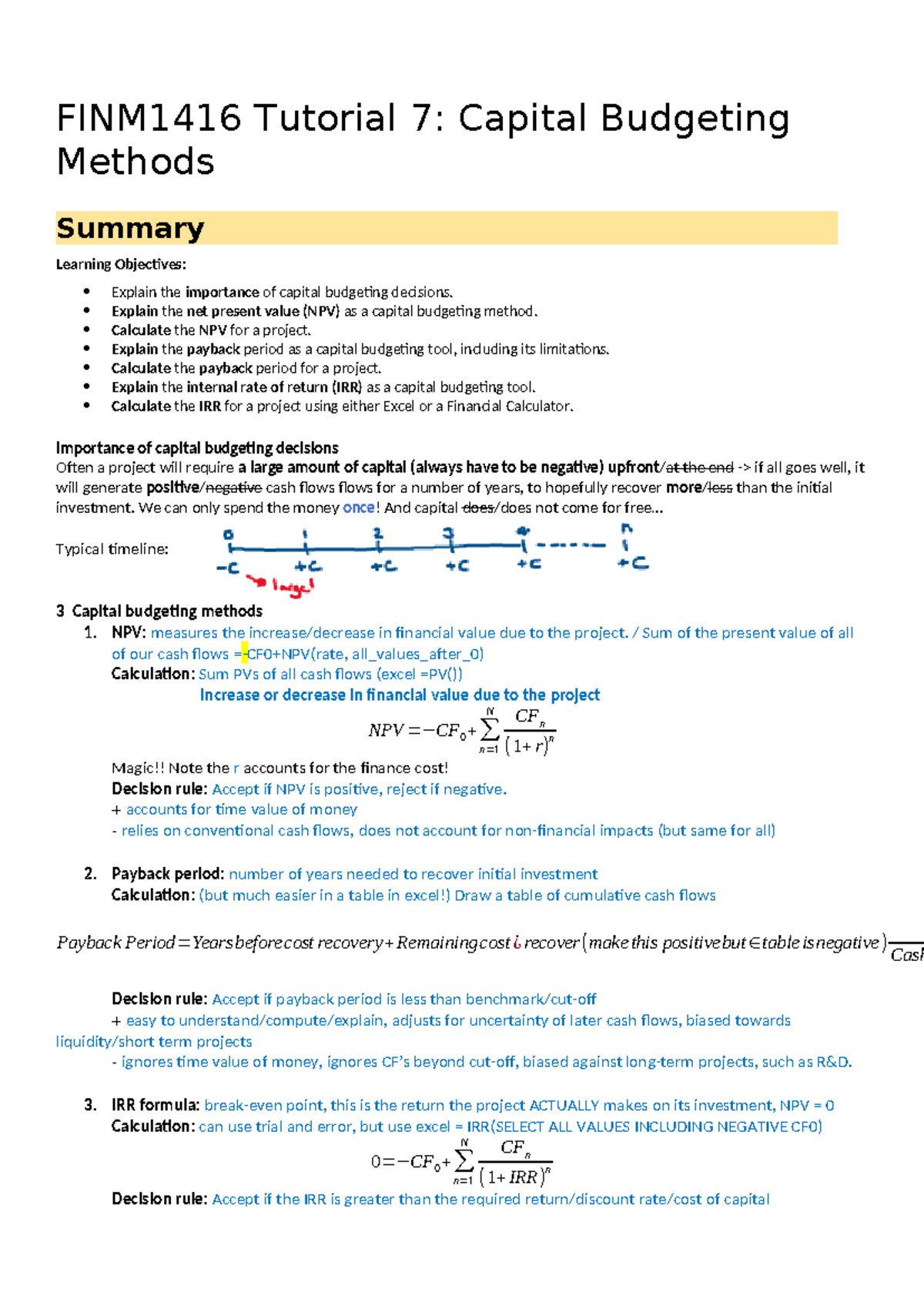 Tutorial 7 Student Solutions - FINM1416 Tutorial 7: Capital Budgeting ...