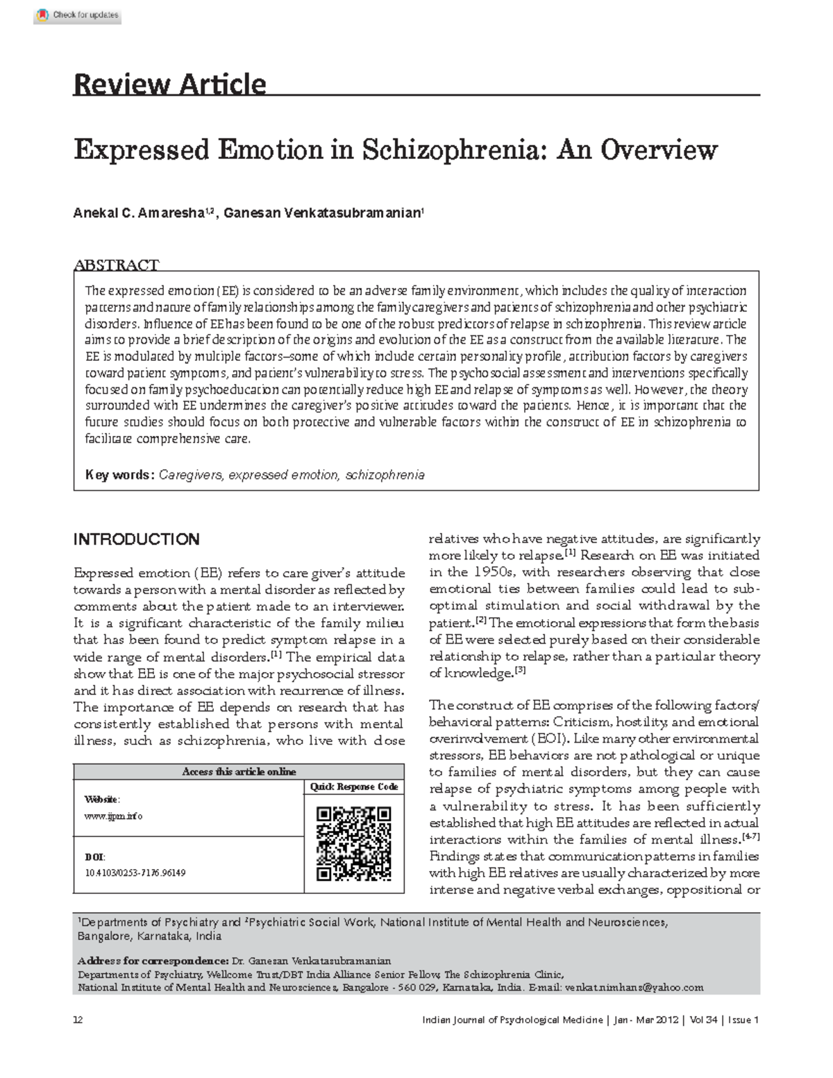 Amaresha venkatasubramanian 2012 expressed emotion in schizophrenia an ...