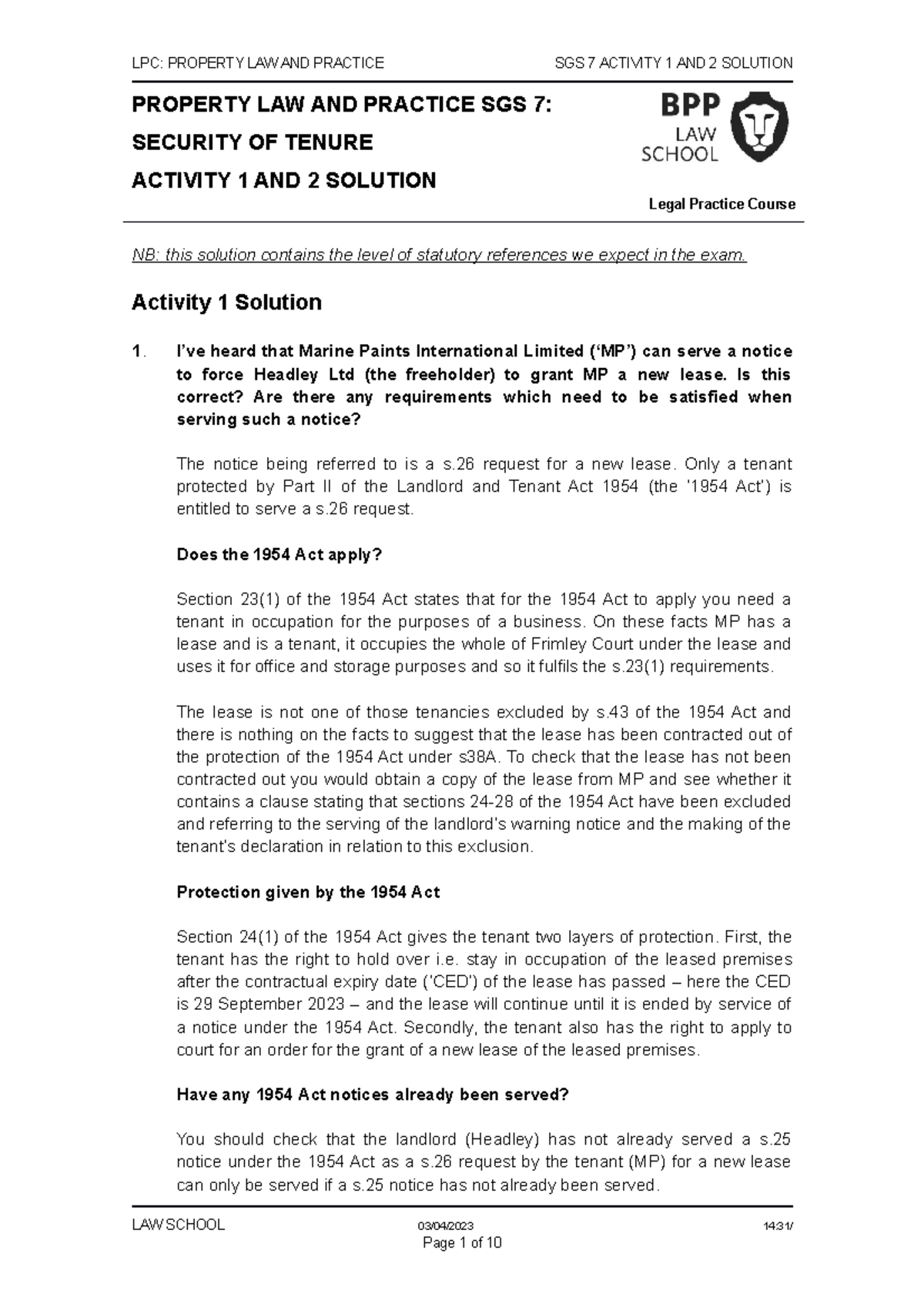 Property SGS 7 Activity Solutions 22-23 - LPC: PROPERTY LAW AND ...