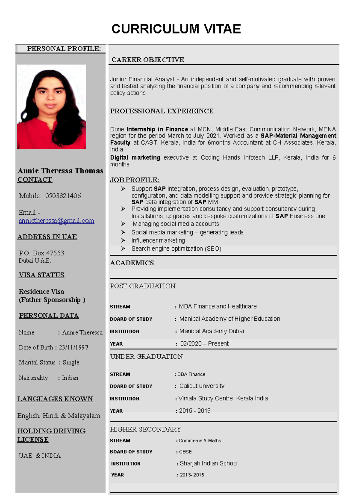 Annie Theressa Curriculum vitae - finance - Studocu