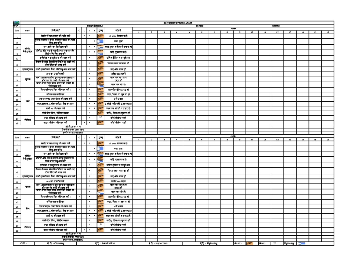 Operator check sheet - लाइन :- Operation no.:- Model:- Month:- 1 2 3 4 ...