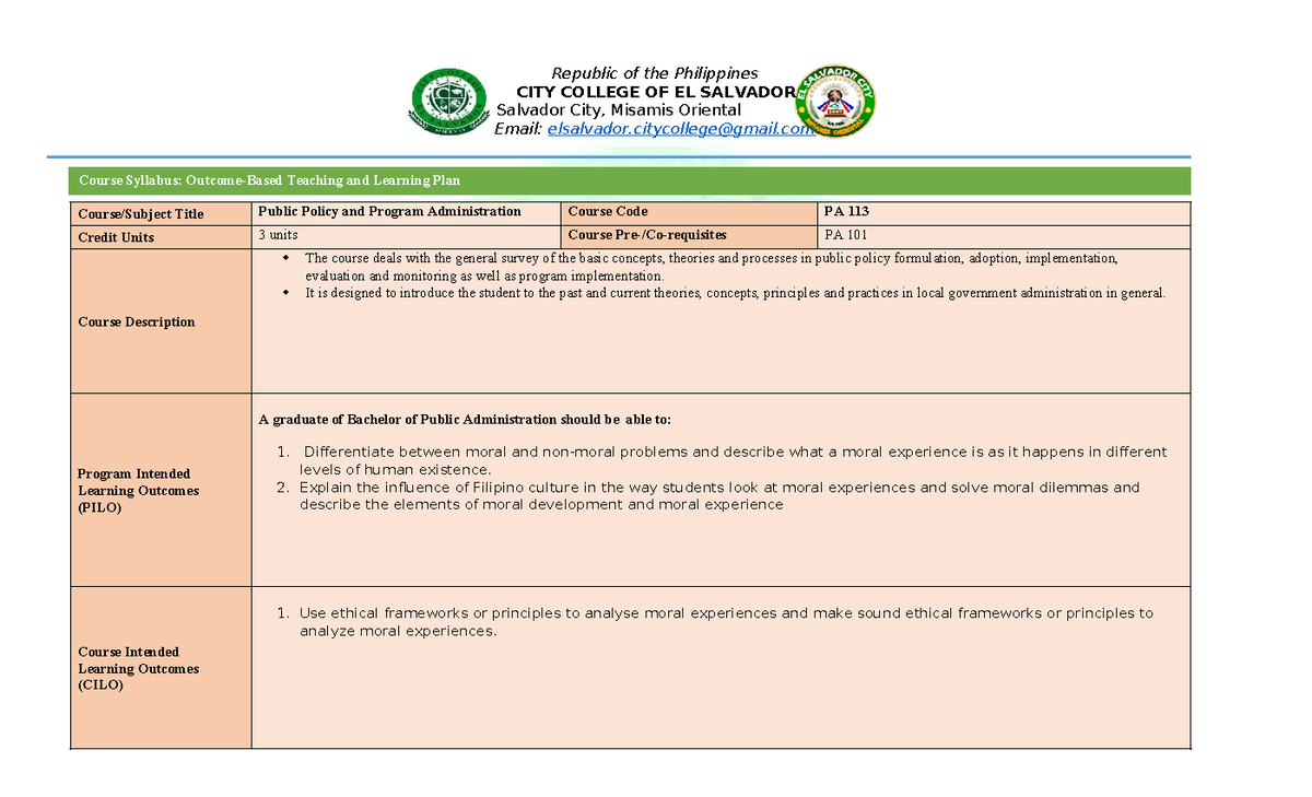 Syllabus- PA 113 - Republic Of The Philippines CITY COLLEGE OF EL ...