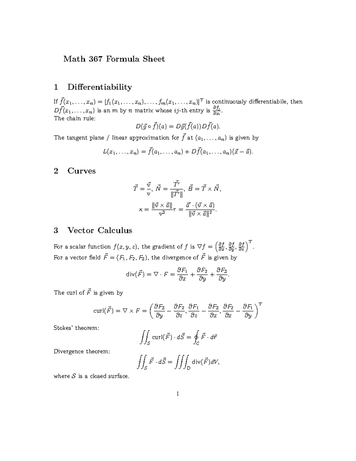 Math 367 Formula Sheet - Fall 2022 - MATH 311 - UCalgary - Studocu