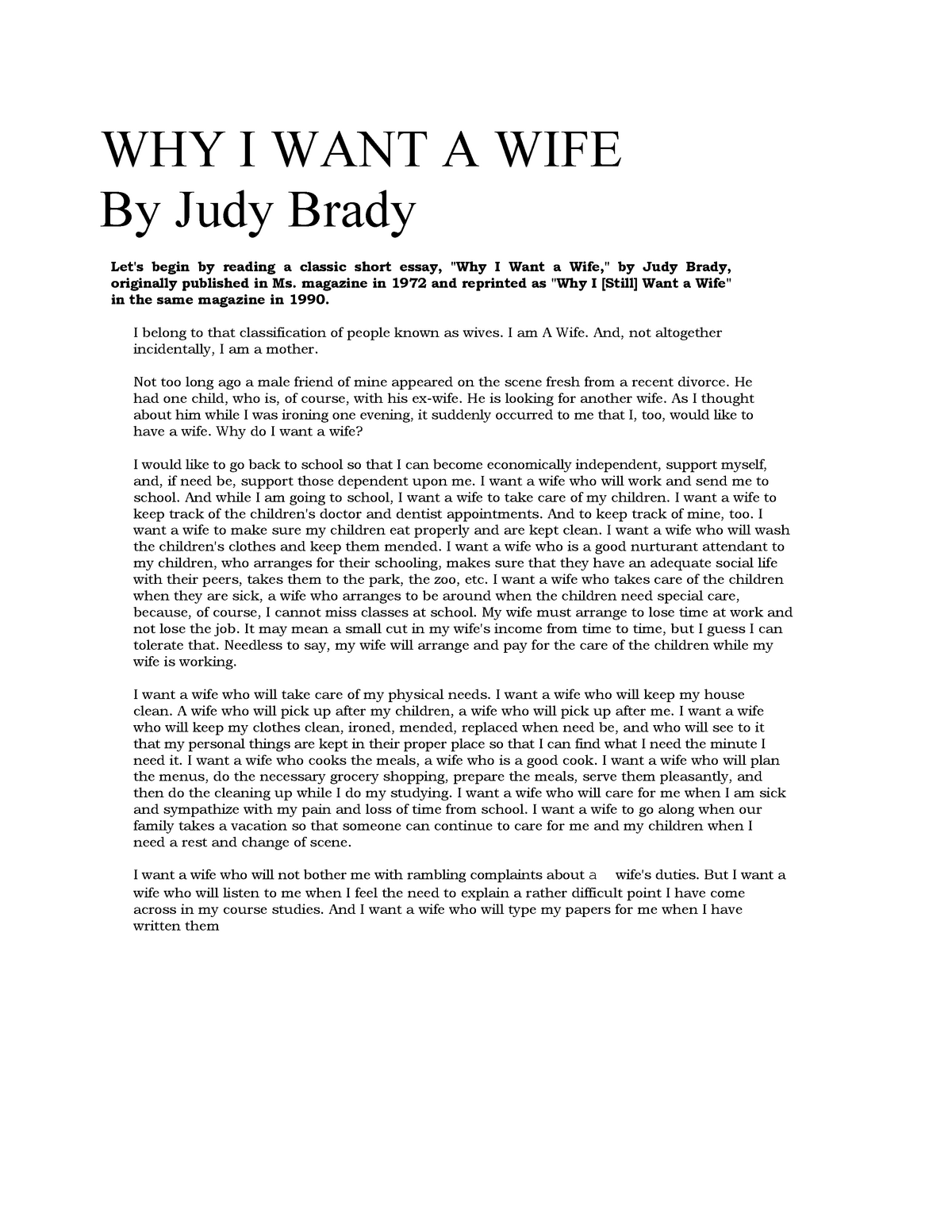 Sample Story WHY I WANT A WIFE SHORT STORY. EXAMPLE ESSAY ...