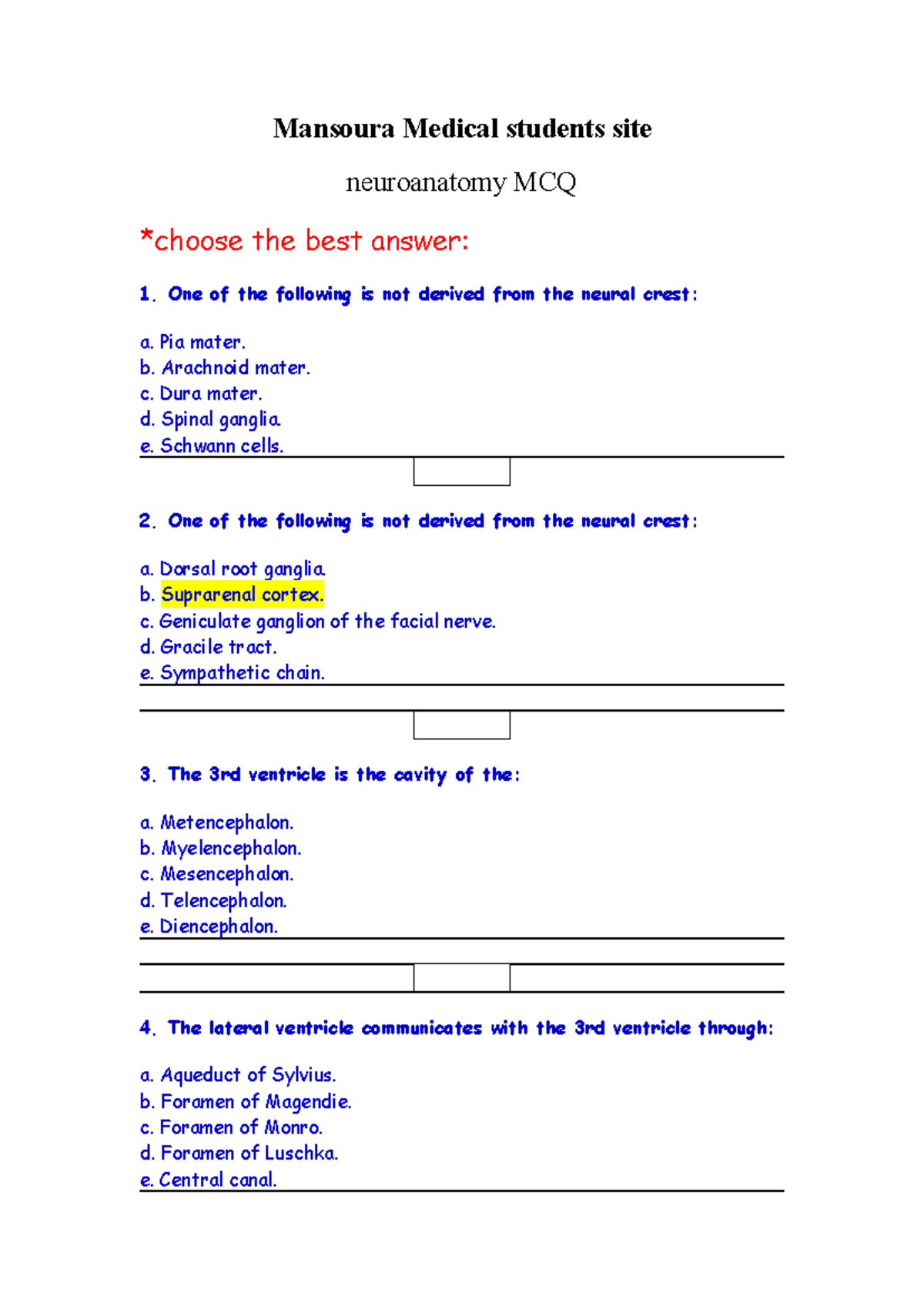 Neuroanatomy MCQ - Mansoura Medical Students Site Neuroanatomy MCQ ...