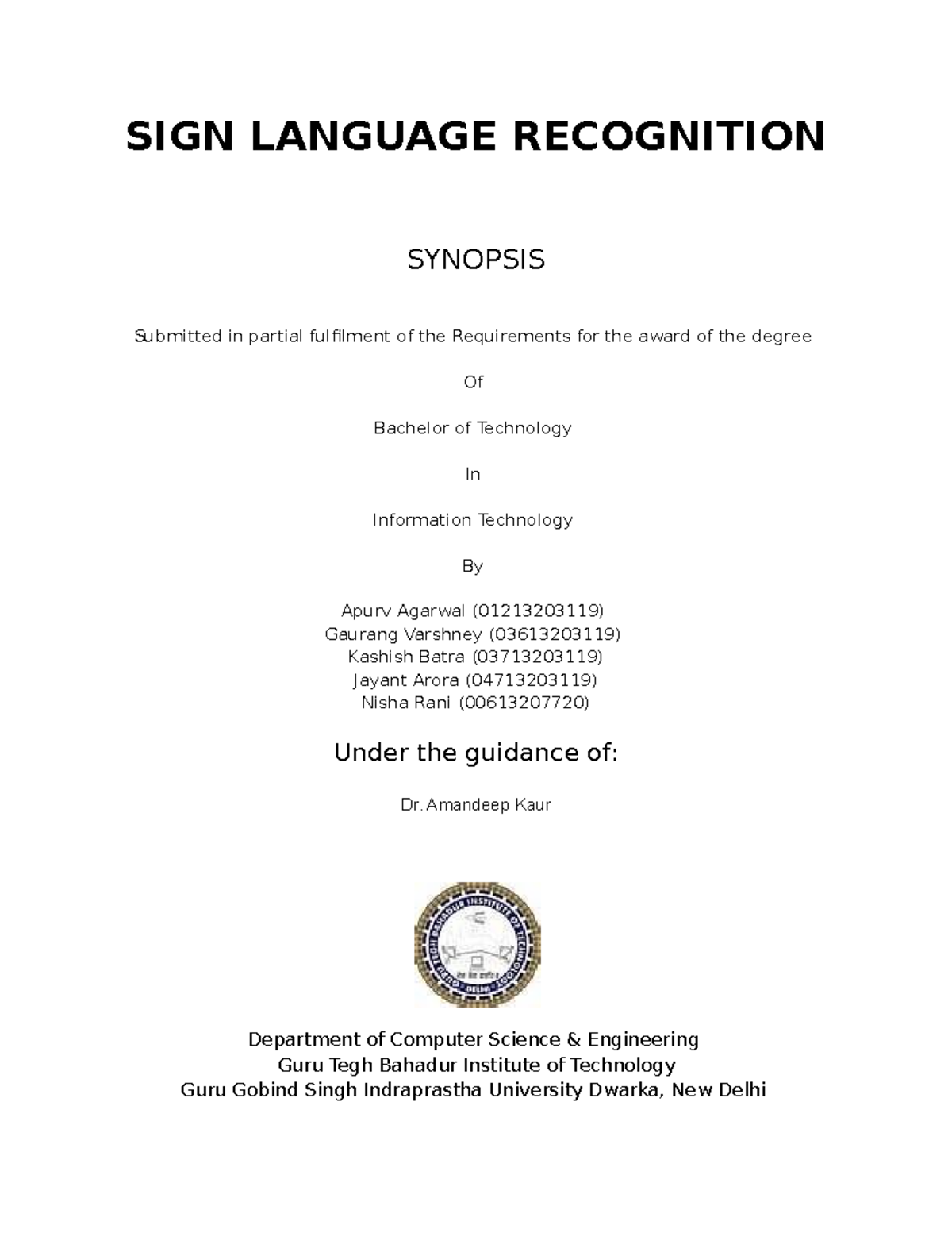 Synopsis - project - SIGN LANGUAGE RECOGNITION SYNOPSIS Submitted in ...