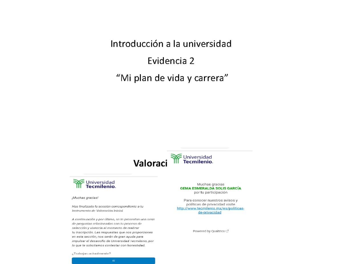 Evidencia 2plandevidaycarrera - Introducción a la universidad Evidencia ...