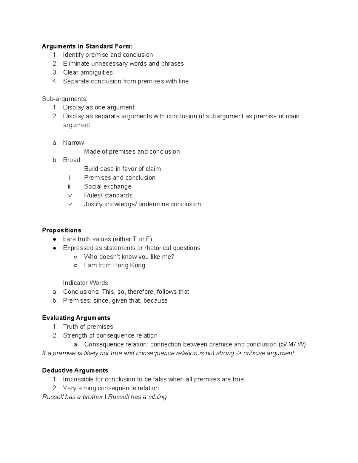 Phil 120 - Final Exam Notes - Arguments in Standard Form: 1. Identify ...