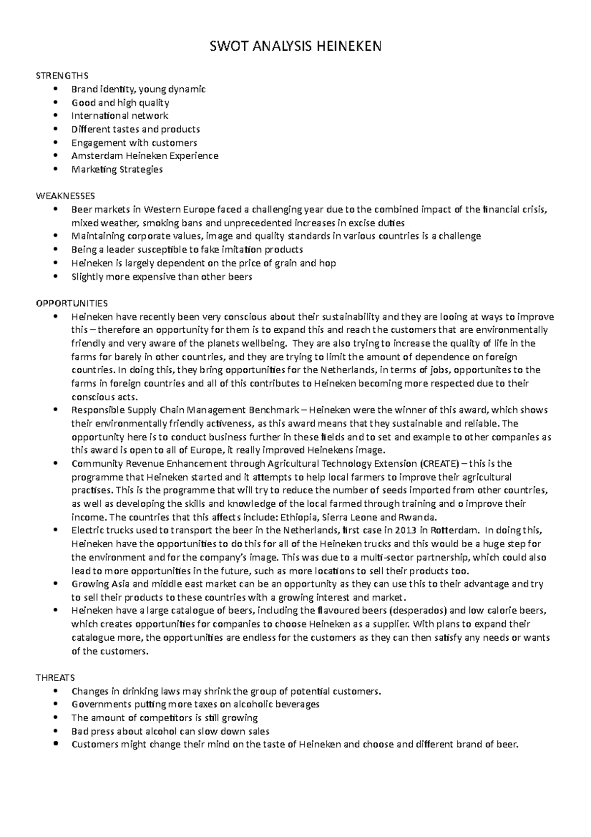 SWOT - Werkgroep uitwerkingen - 2 - SWOT ANALYSIS HEINEKEN STRENGTHS ...