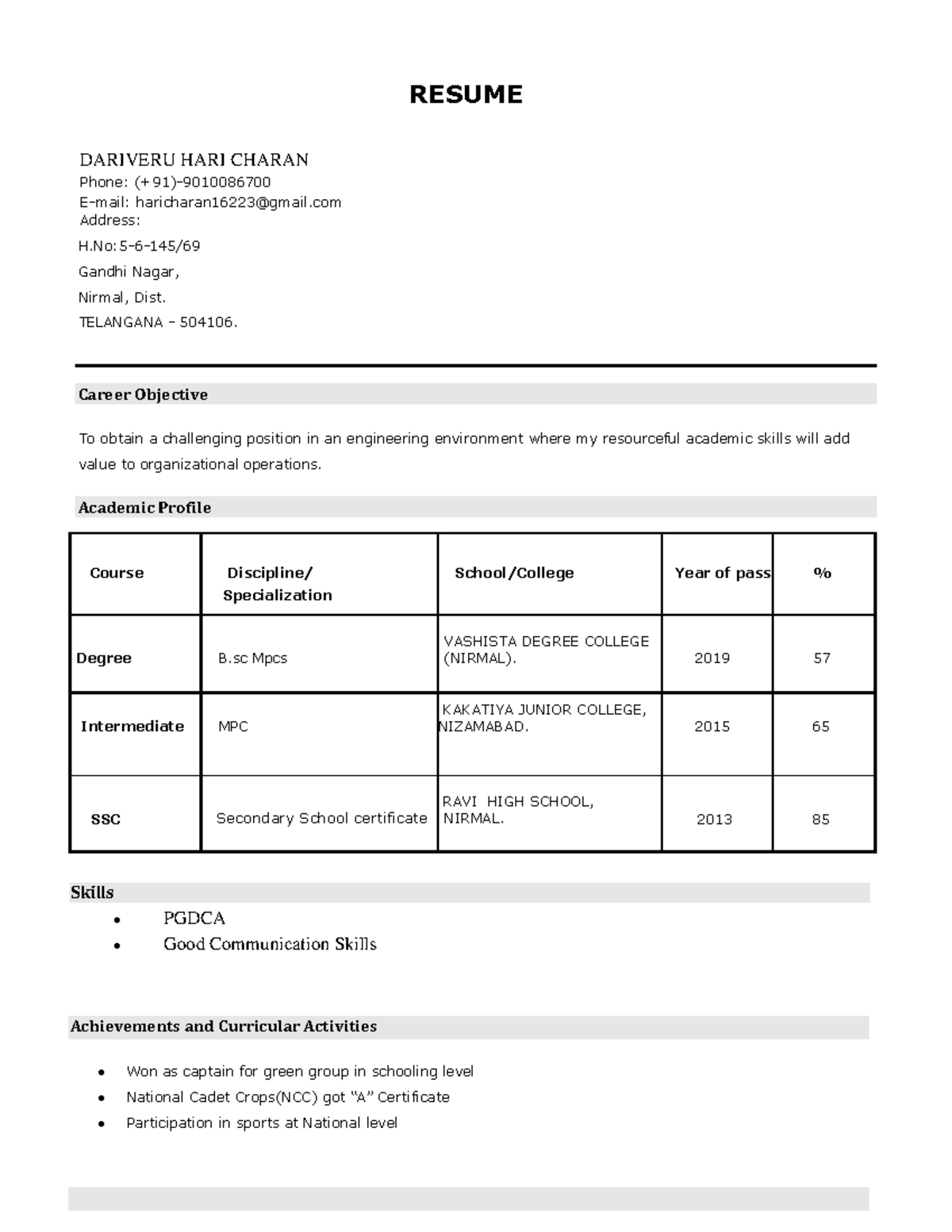 Resume - ygfsluyahgvlfk,bvasdv - RESUME DARIVERU HARI CHARAN Phone ...