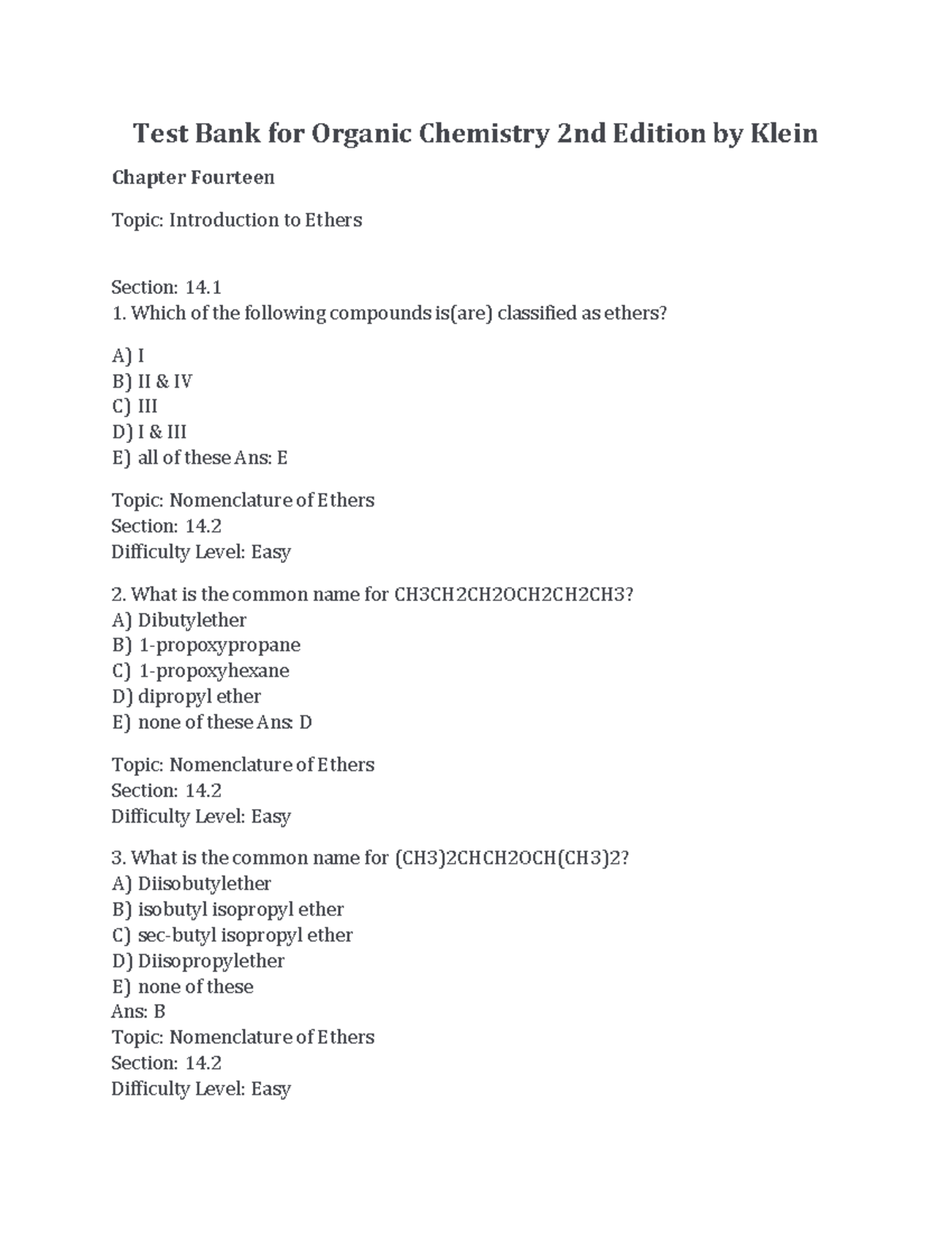 Chapter 13 Organic Chemistry 2e Testbank by Klein - Test Bank for ...