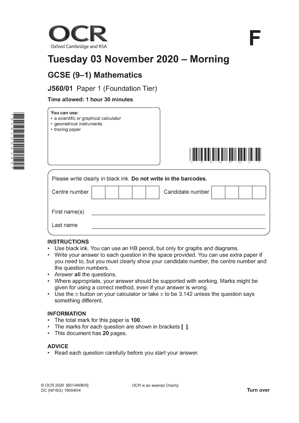 Maths Foundation Paper 1 - Oxford Cambridge and RSA Please write ...