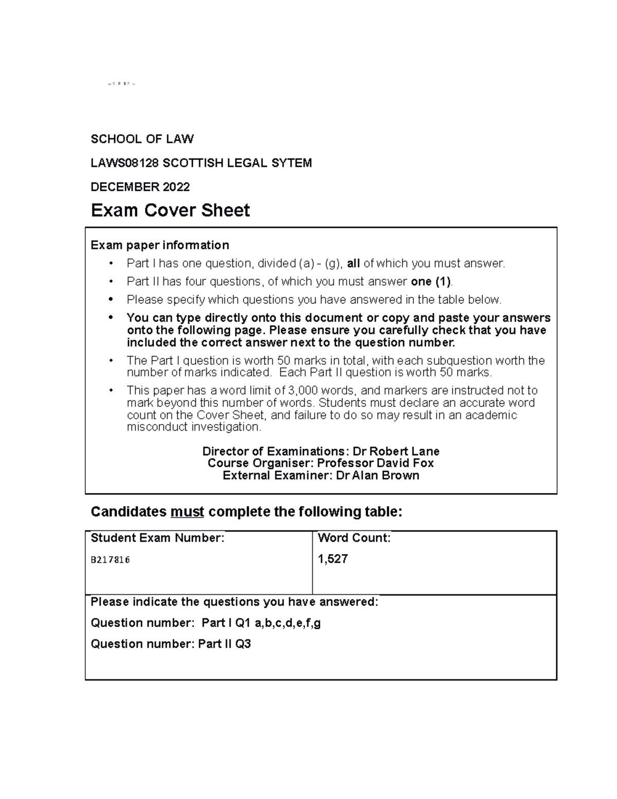 Scottish Legal System December 2022 Exam Answers Cover Sheet - SCHOOL ...