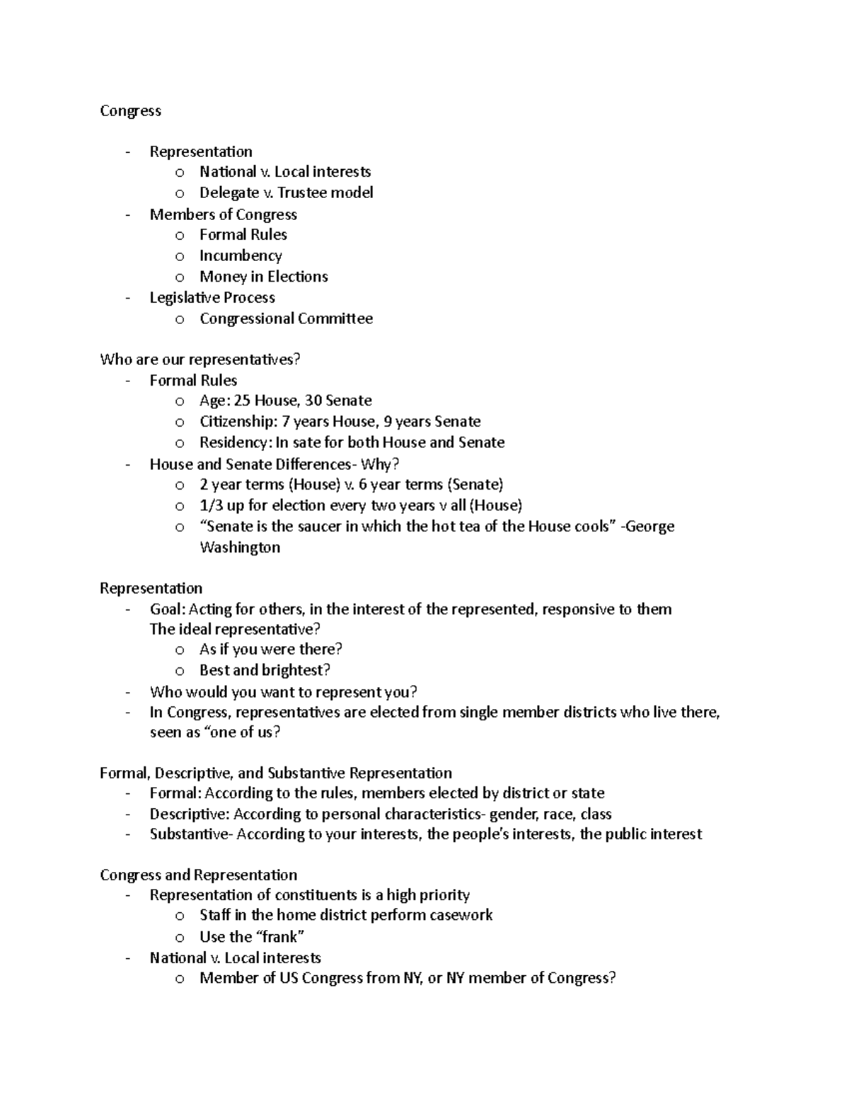 Lecture 17- Congress - Congress Representation o National v. Local ...