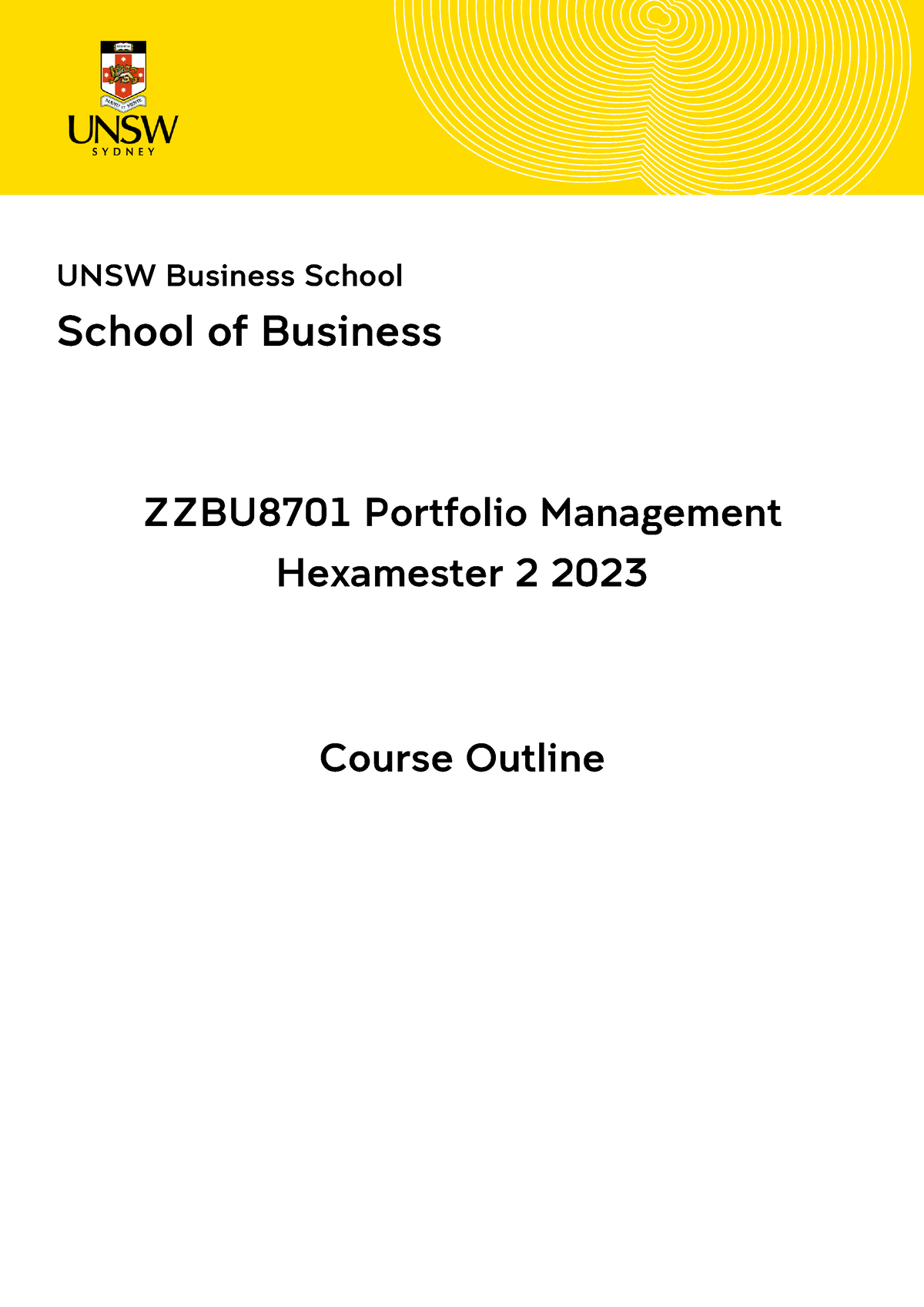 2023 H2 ZZBU8701 Portfolio Management - Course Outline - UNSW Business ...