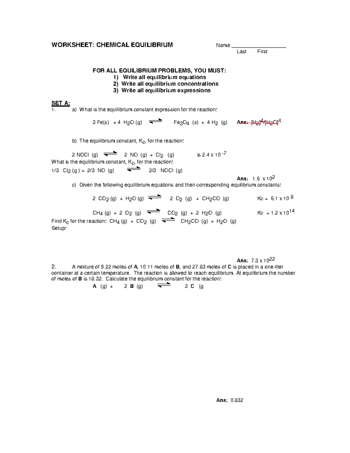 Worksheet Equilibrium - WORKSHEET: CHEMICAL EQUILIBRIUM Name ...