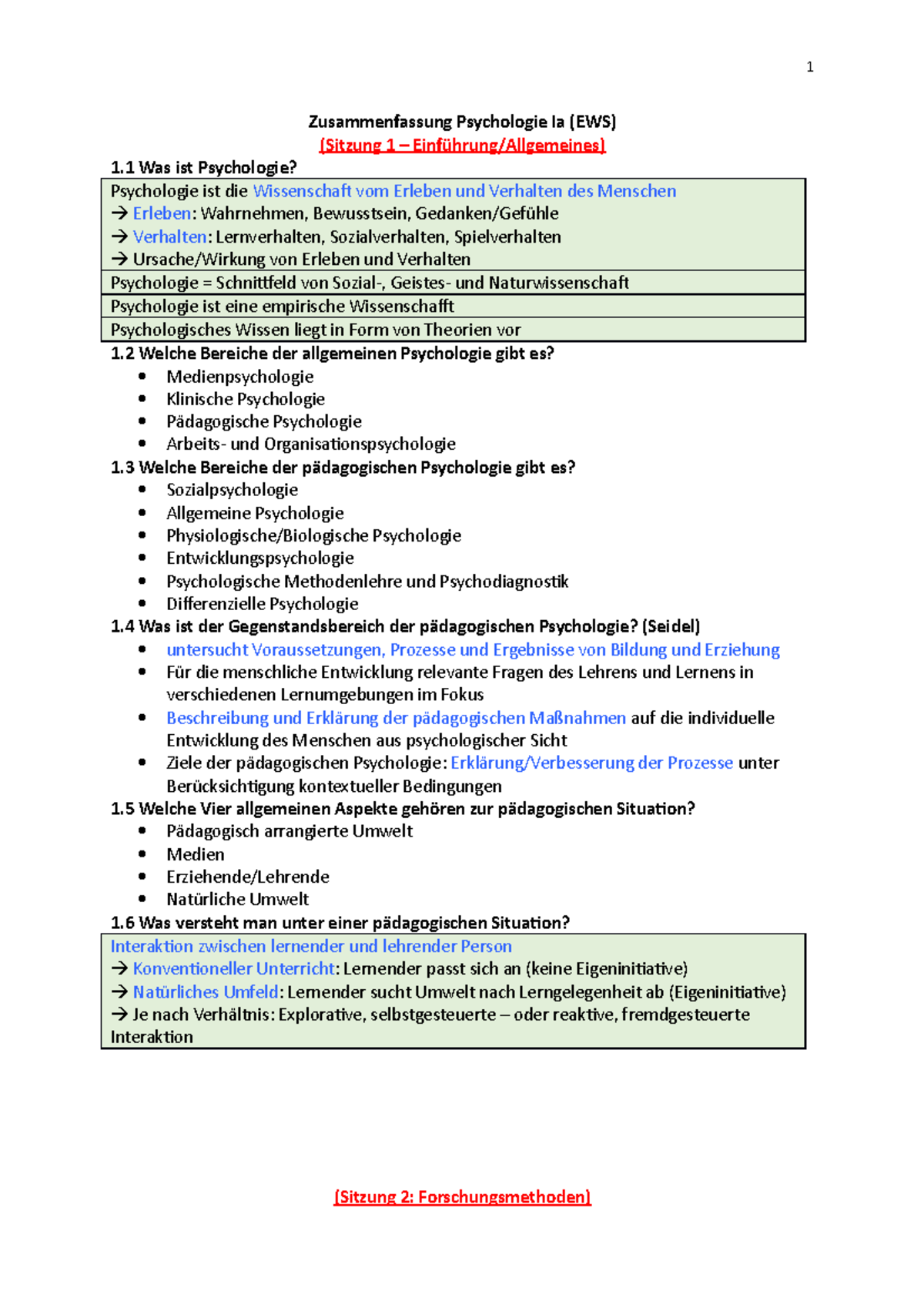 Münchner Skripte Ews Psychologie Zusammenfassung Psychologie EWS1a - Zusammenfassung Psychologie Ia (EWS