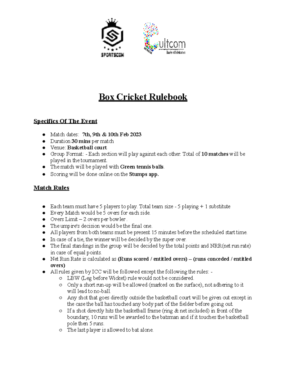 Box Cricket(Rulebook) Box Cricket Rulebook Specifics Of The Event