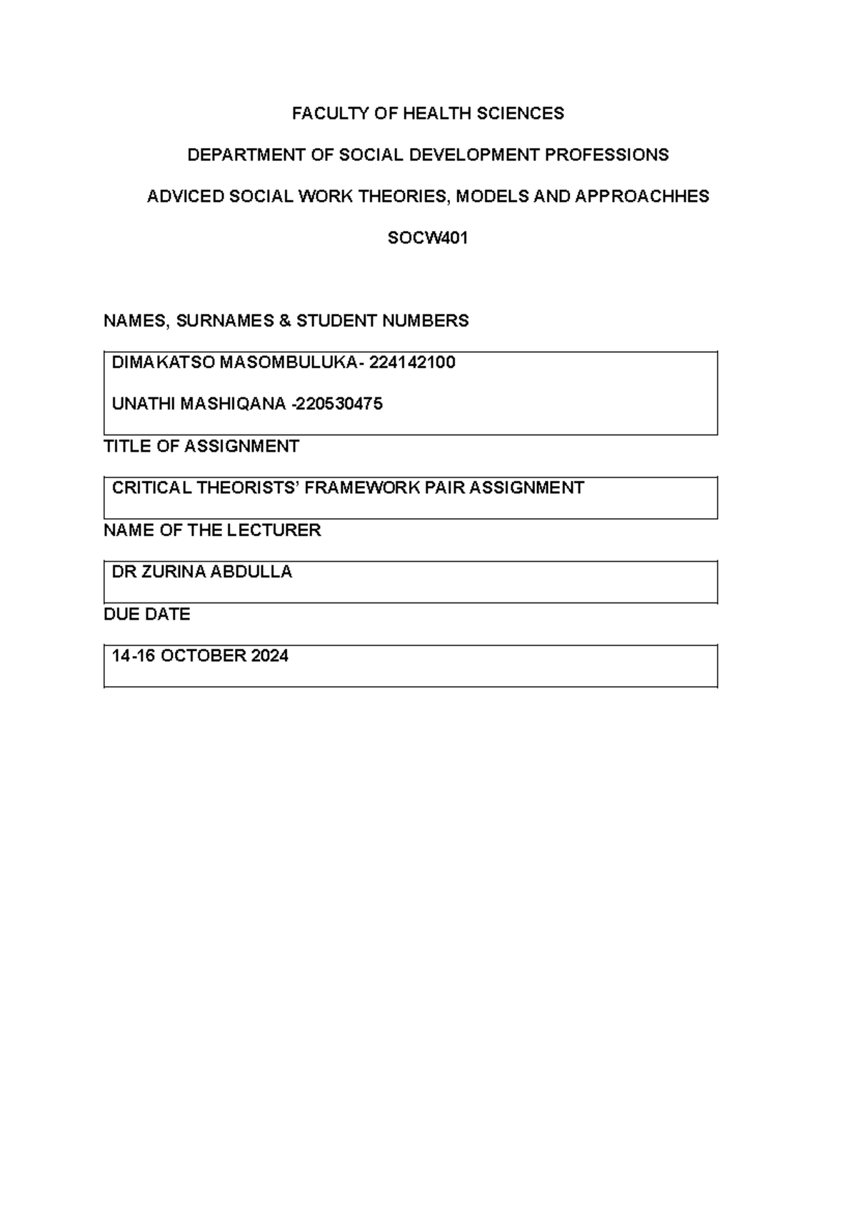 SOCW401 Paired Assignment 2 - FACULTY OF HEALTH SCIENCES DEPARTMENT OF ...