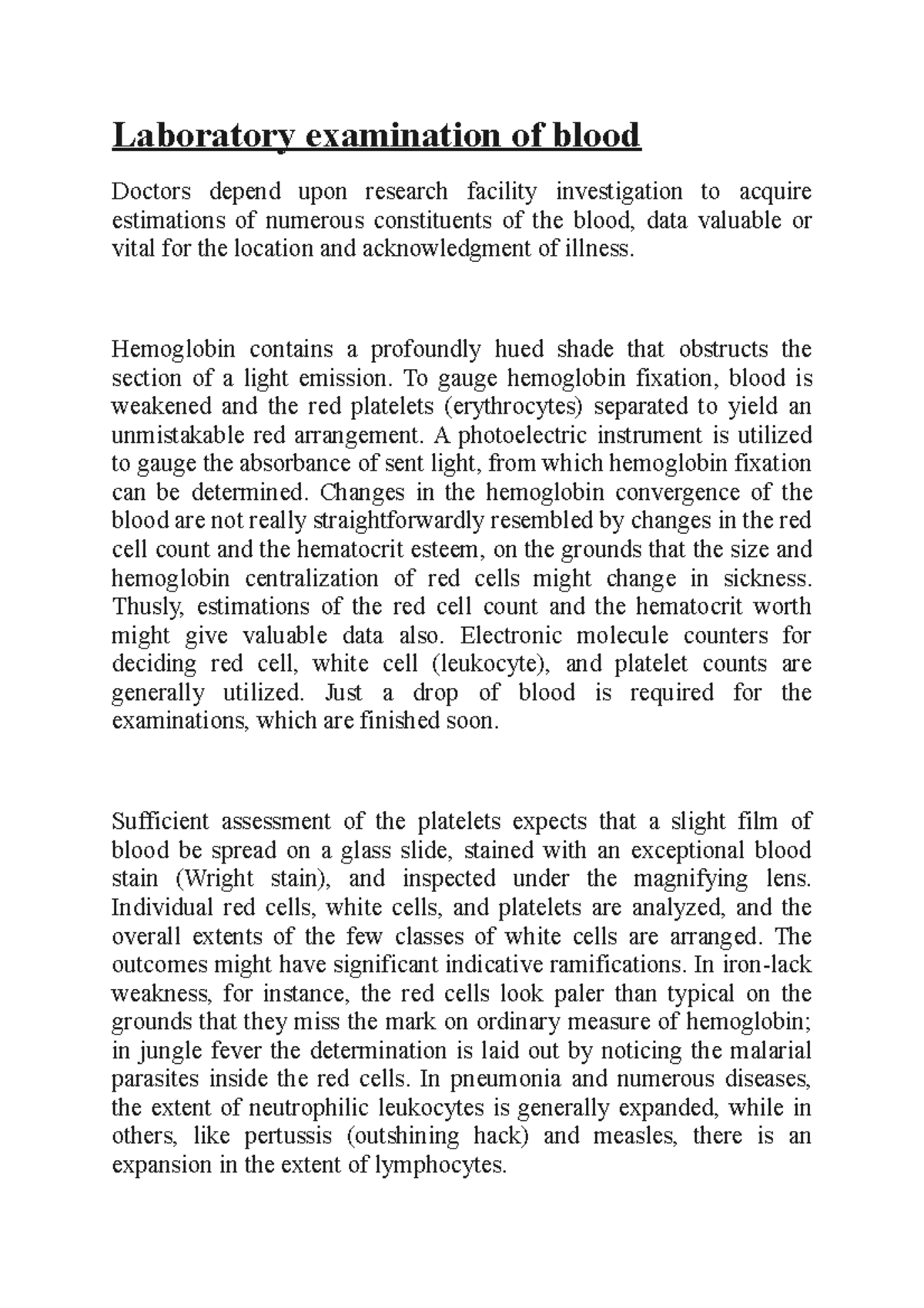 Laboratory examination of blood Laboratory examination of blood