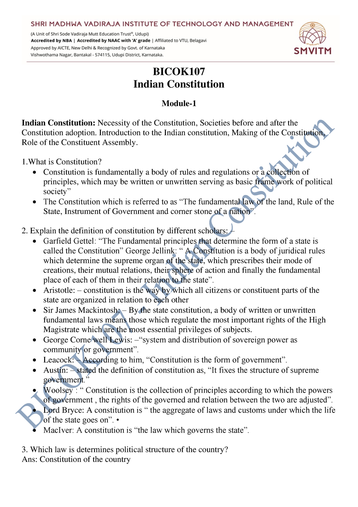 Bicok 107 - Indian Constitution - 5 Module Notes - BICOK Indian ...