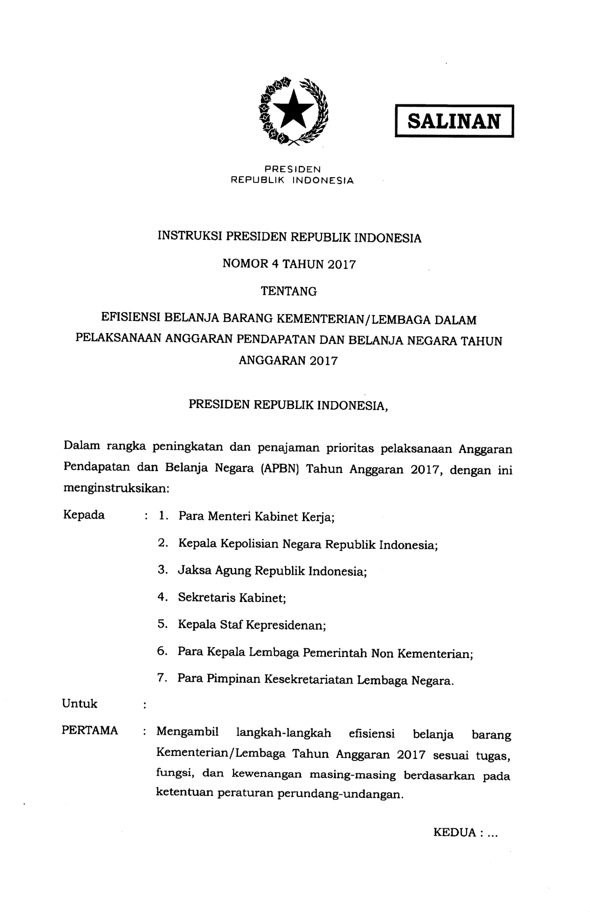 Inpres Nomor 4 Tahun 2017 - SALINAN PRESIDEN REPUBLIK INDONESIA ...