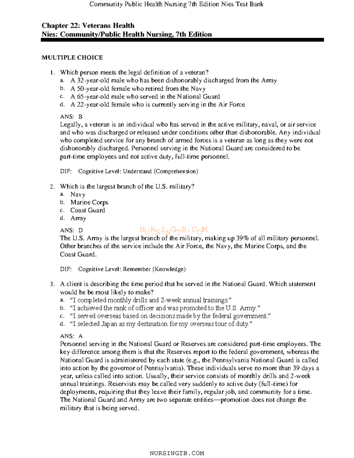 22 - Practice Questions - NURSINGTB Chapter 22: Veterans Health Nies ...