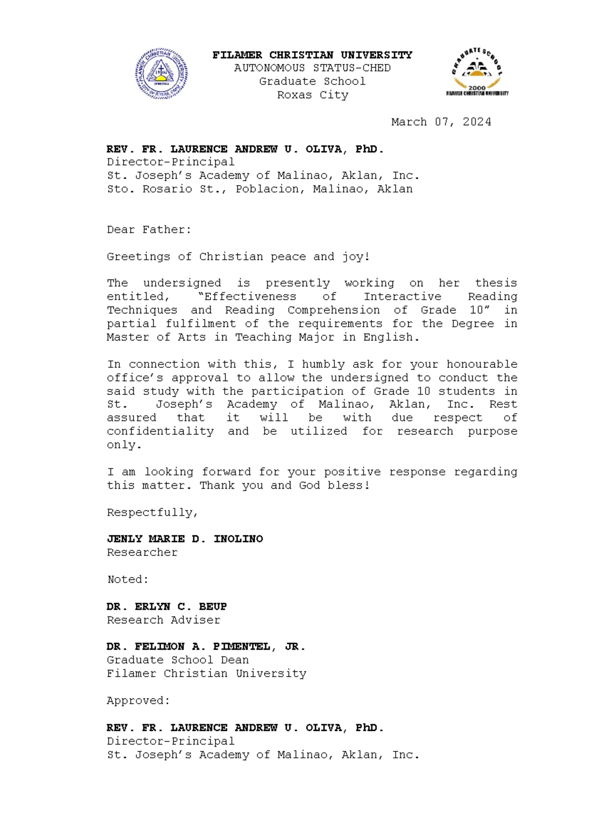 Thesis Letter 1 - FILAMER CHRISTIAN UNIVERSITY AUTONOMOUS STATUS-CHED ...