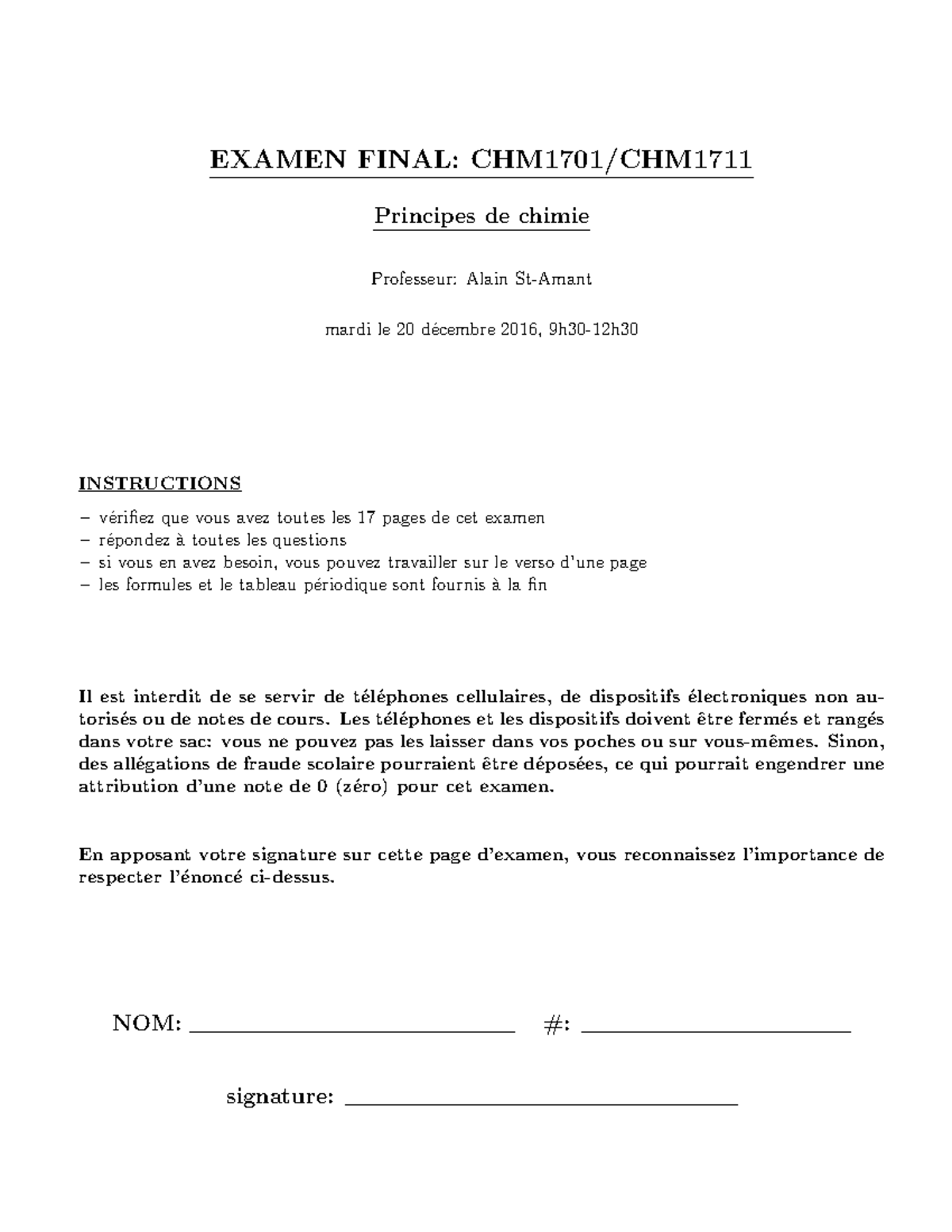 Final 2016 - EXAMEN FINAL: CHM1701/CHM Principes De Chimie Professeur ...