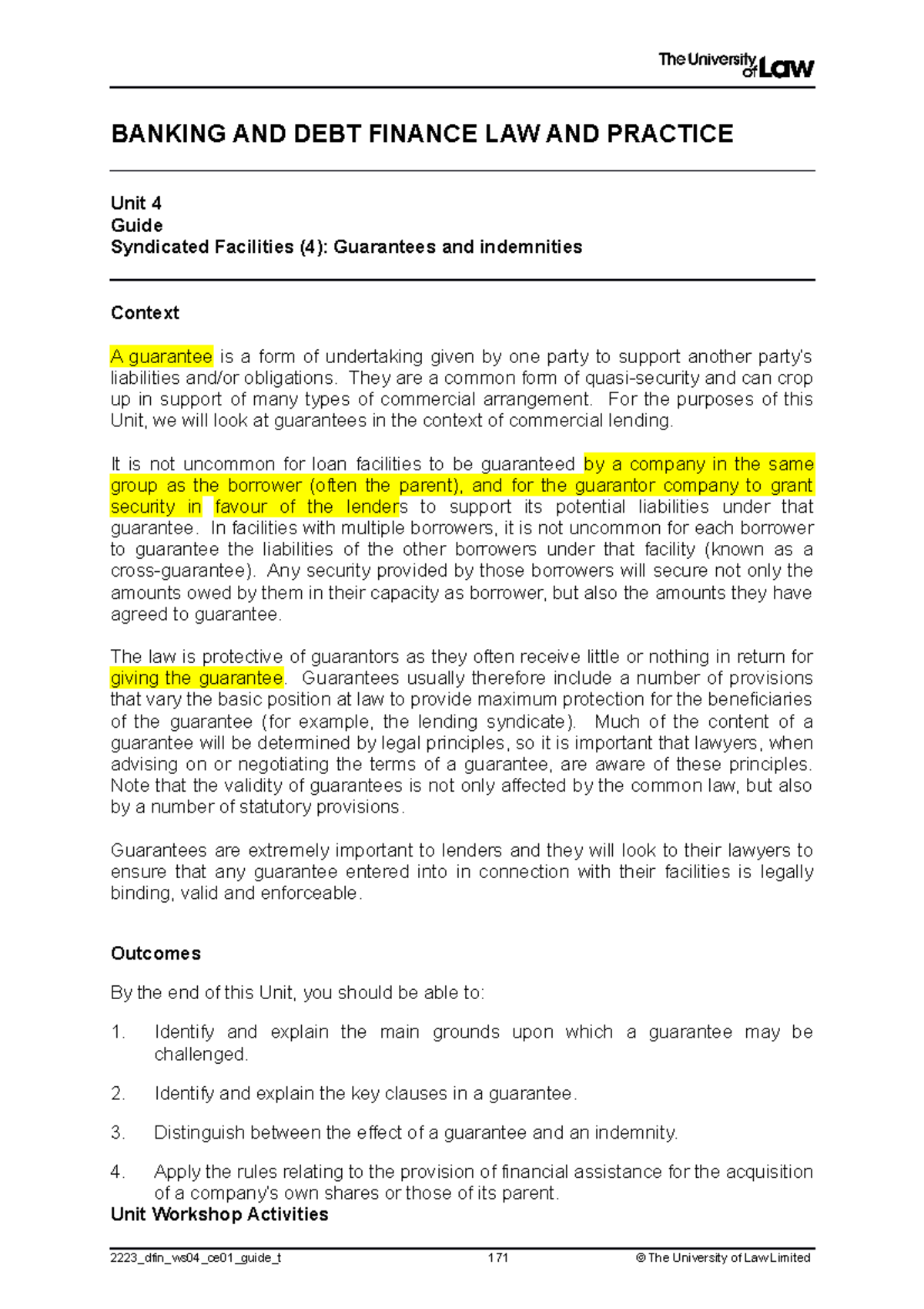 WS4 - Workshop3 - BANKING AND DEBT FINANCE LAW AND PRACTICE Unit 4 ...