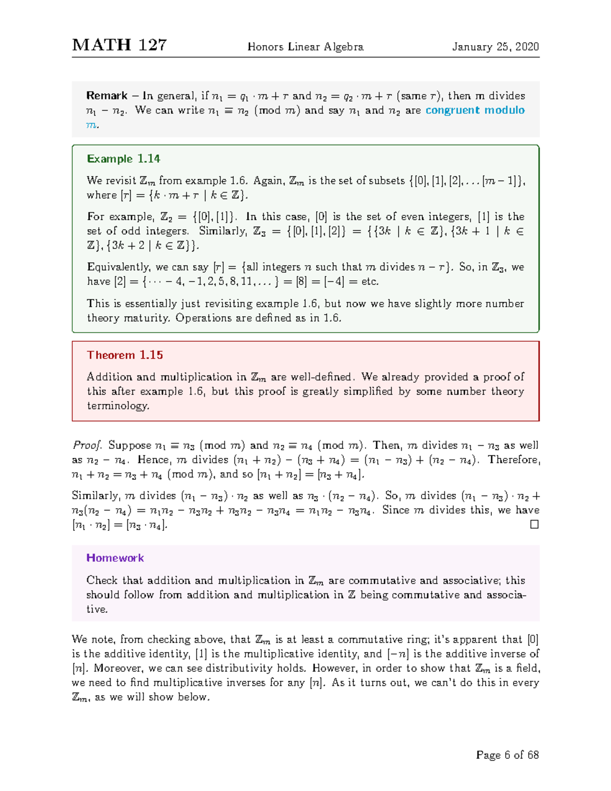 MATH 235-6 - Lecture notes 6 - MATH 127 Honors Linear Algebra January ...
