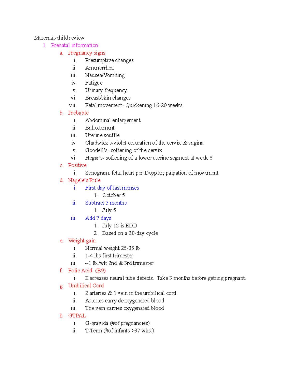 Maternal-child review - Prenatal information a. Pregnancy signs i ...