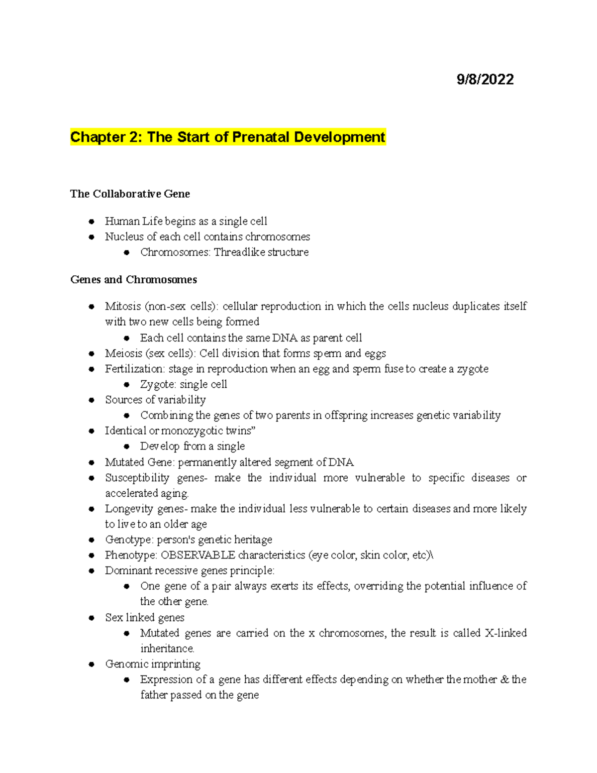 Developmental Psychology Chapter 2 - 9/8/ Chapter 2: The Start of ...