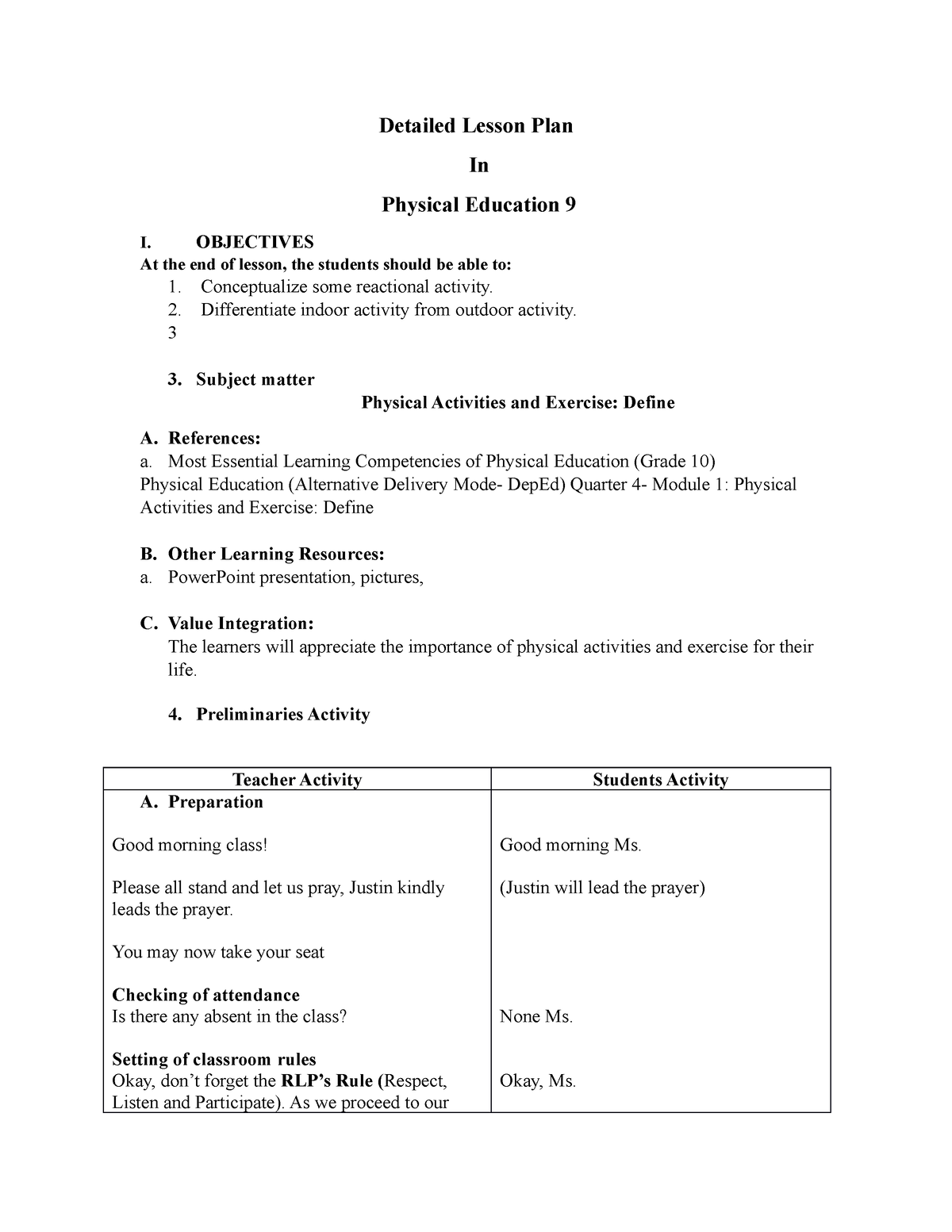 Detailed Lesson Plan In Physical Education 10 Detailed Lesson Plan In 