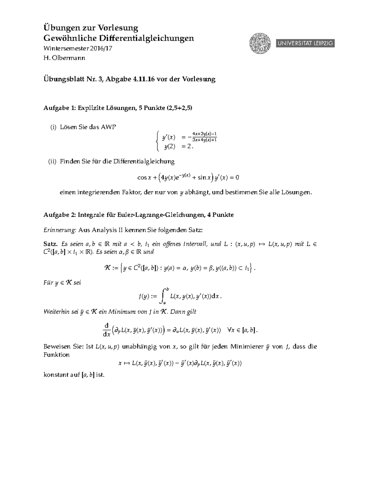 4.11.2016 Übungen Gewöhnliche Differentialgleichungen - Ubungen Zur ...