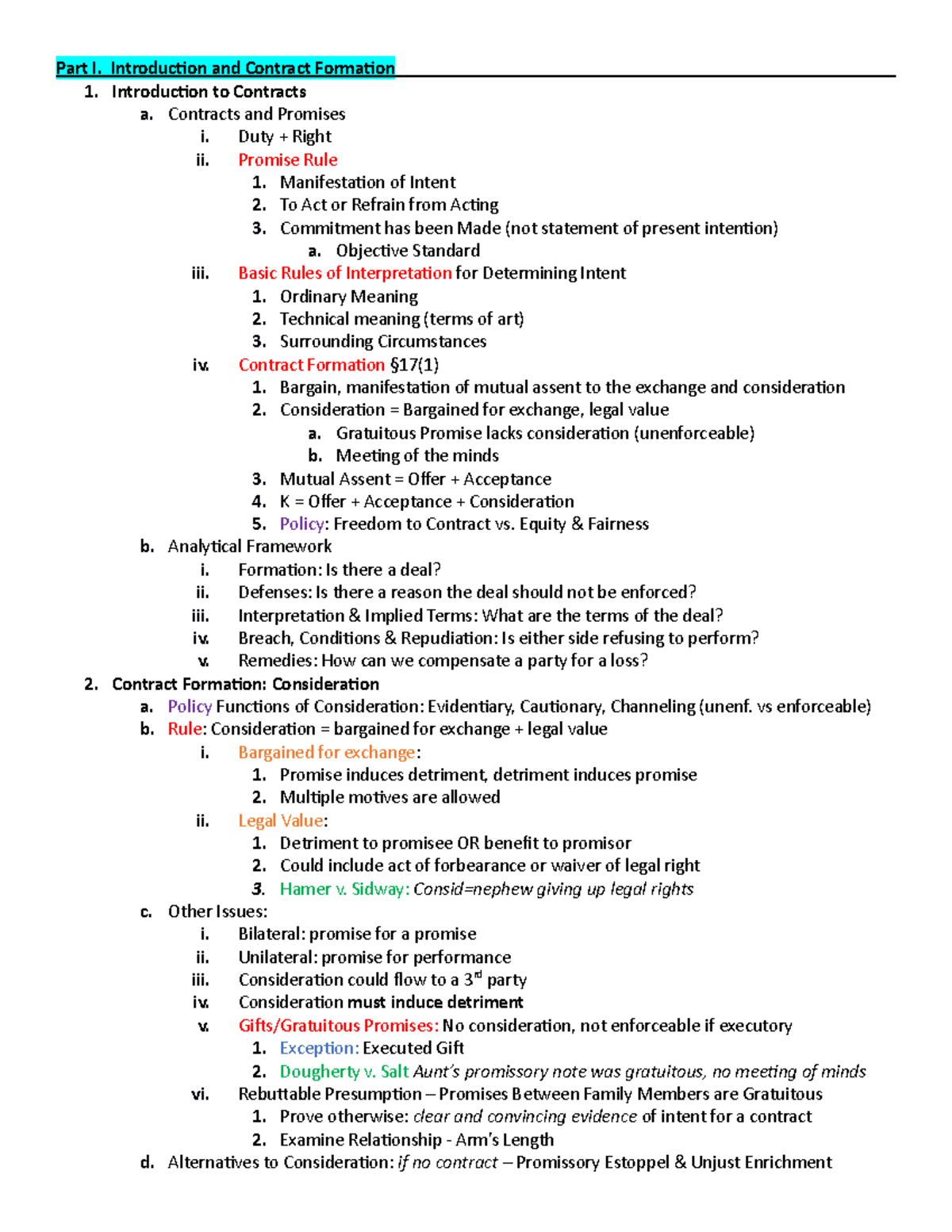 AH Contracts Outline - Part I. Introduction and Contract Formation 1 ...