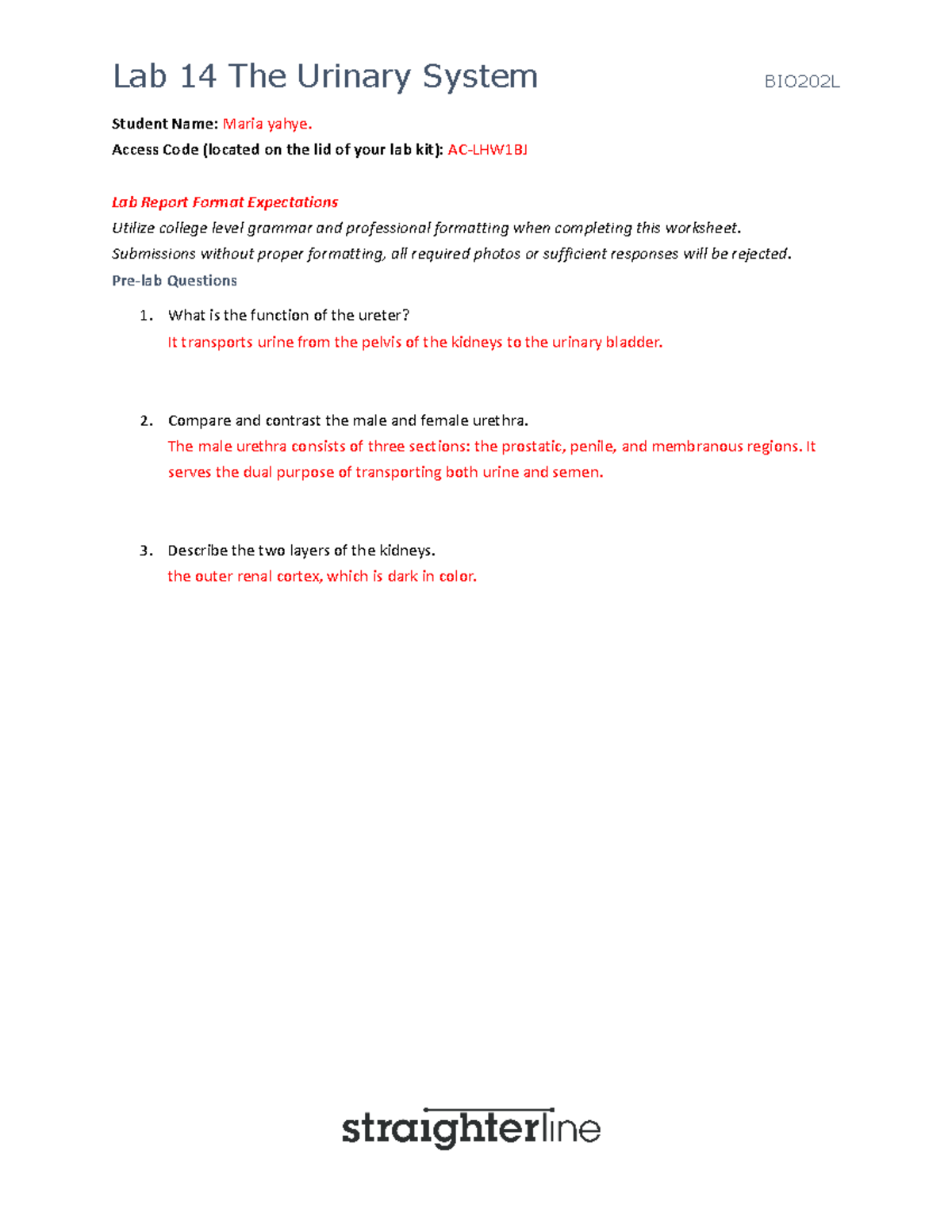 A&P 2 Lab 14 - zdfaafd - Student Name: Maria yahye. Access Code ...