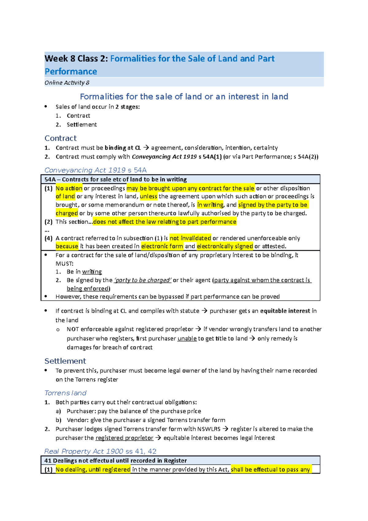 PPL notes part 13.3 - Week 8 Class 2: Formalities for the Sale of Land ...