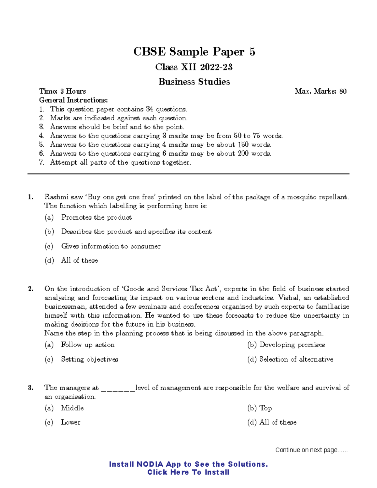 Cblebspu 05 Question paper CBSE Business Studies Class 12 Sample