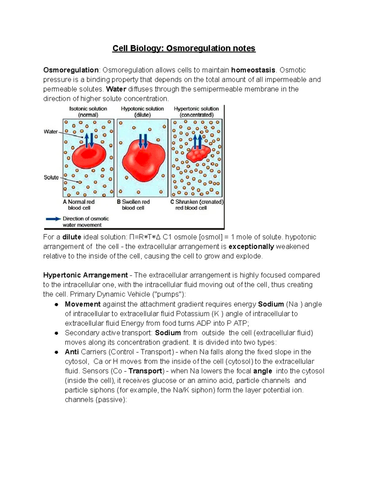 Cell Biology Osmoregulation Notes - Cell Biology: Osmoregulation Notes ...