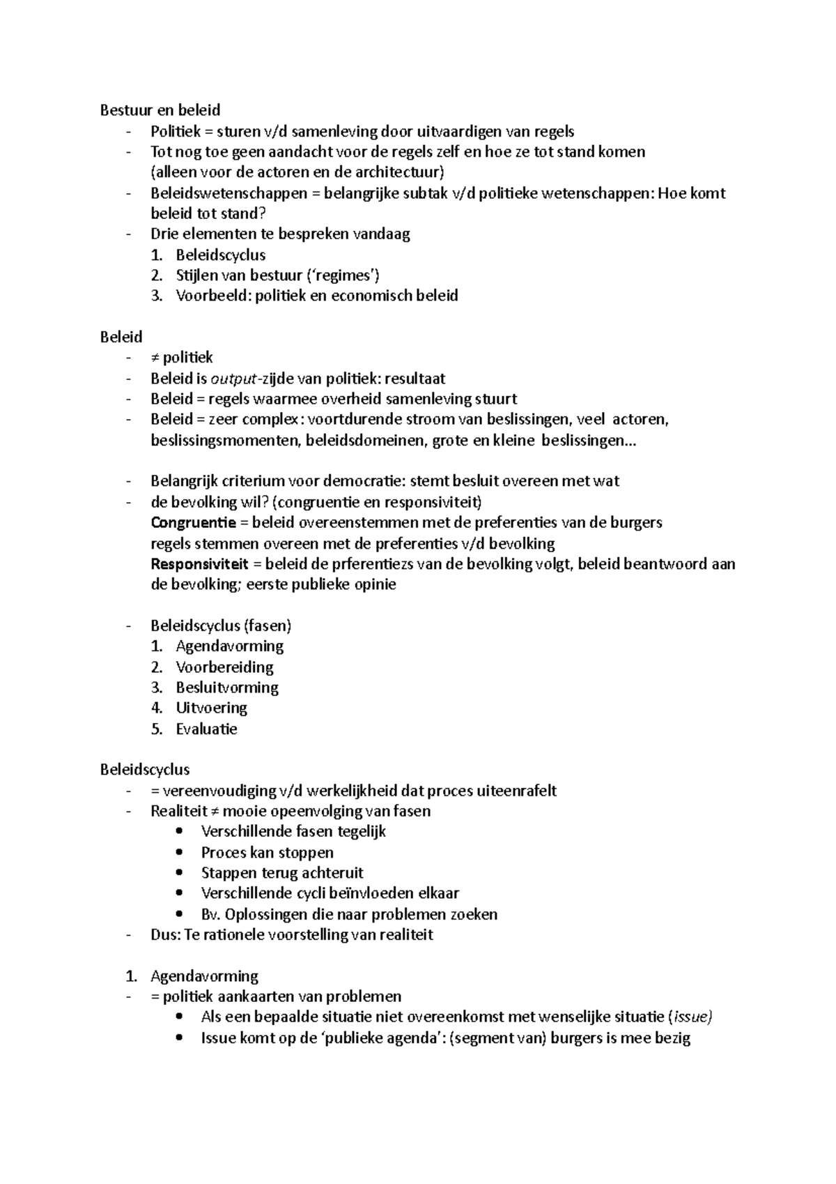 Bestuur en beleid - Beleidscyclus 2. Stijlen van bestuur (‘regimes’) 3 ...