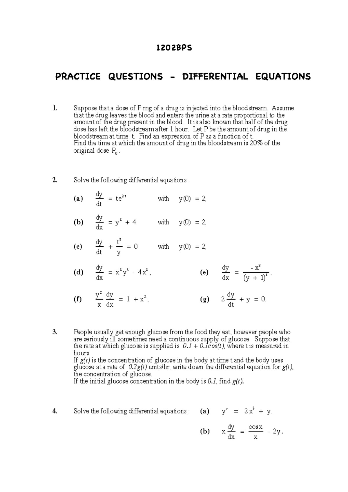 Practical Practice questions Differential equations StuDocu
