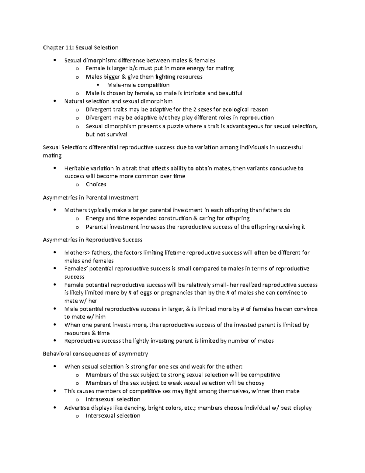 Evolutionary Biology Unit 4 Notes - Chapter 11: Sexual Selection Sexual ...