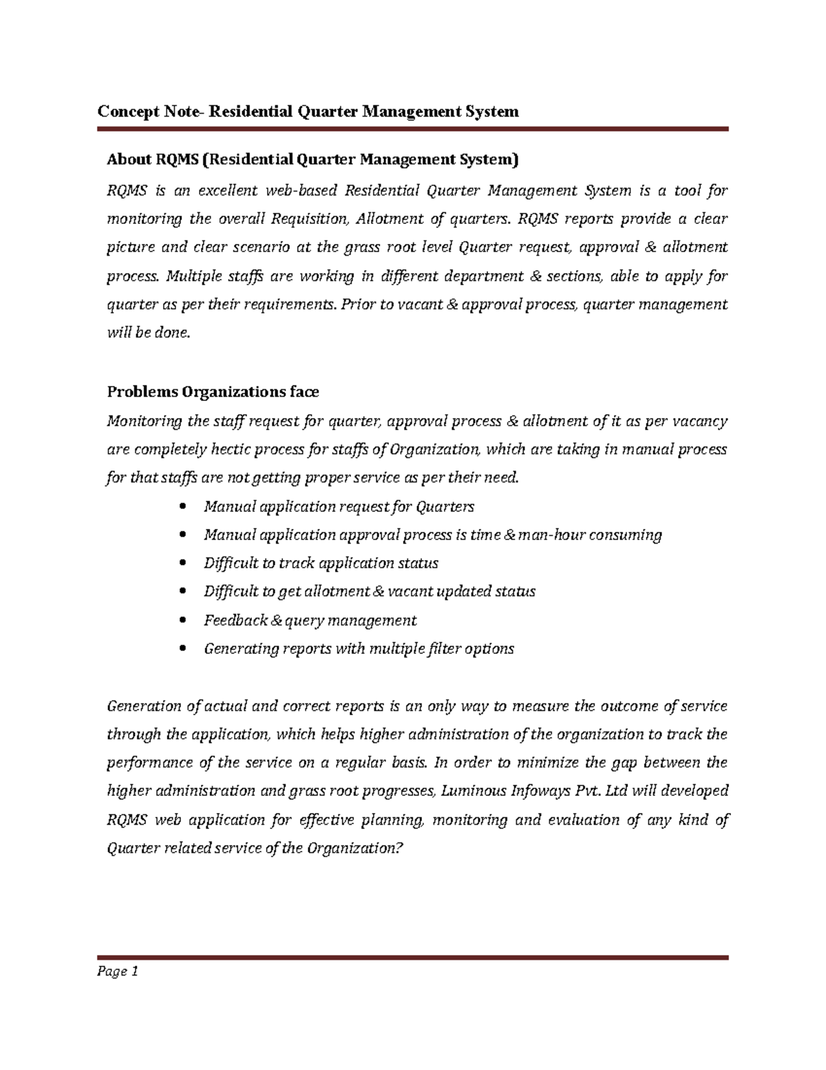 Concept Note of Residential Quarter Management System Concept Note