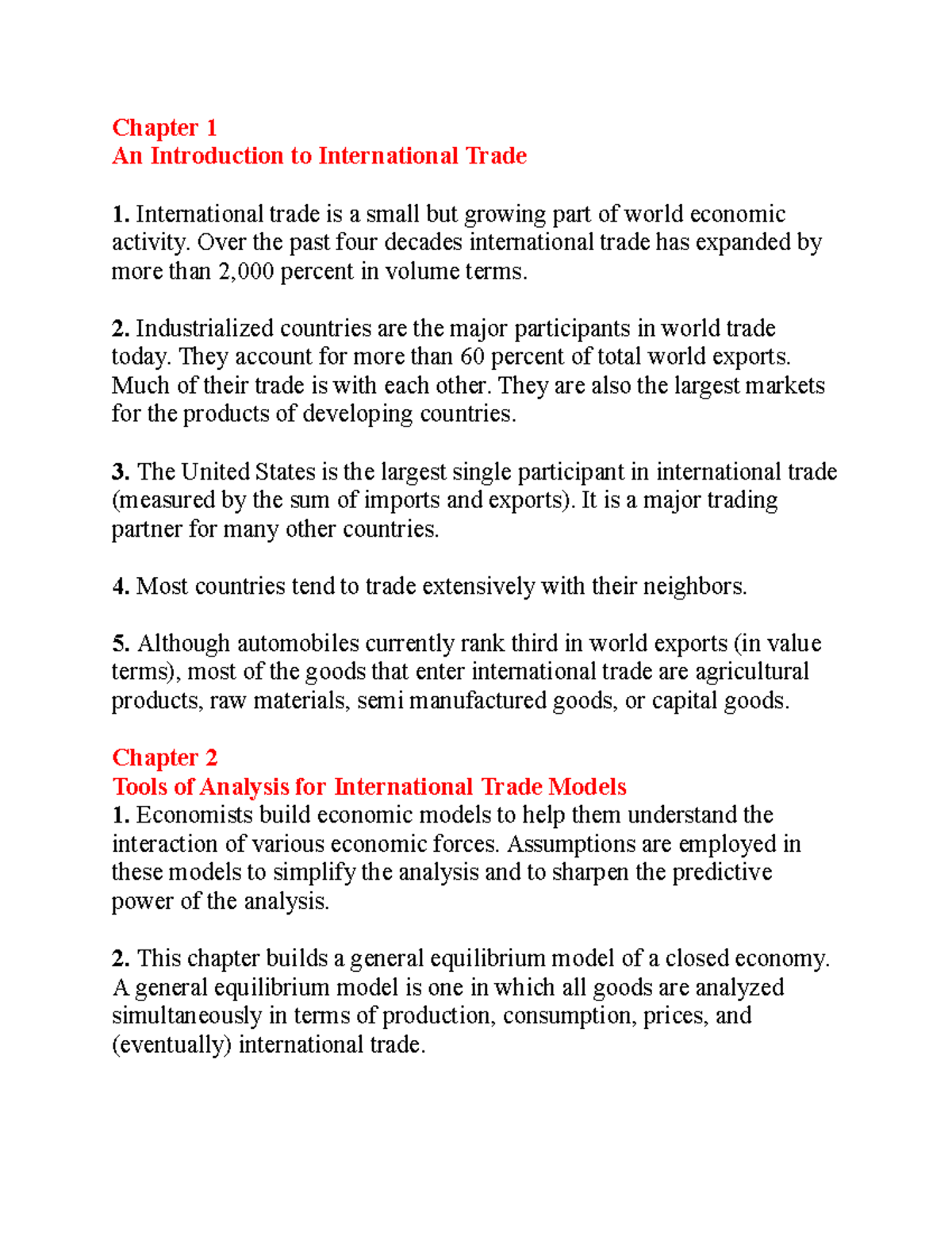 Summary of Internatinal Economics - Chapter 1 An Introduction to ...