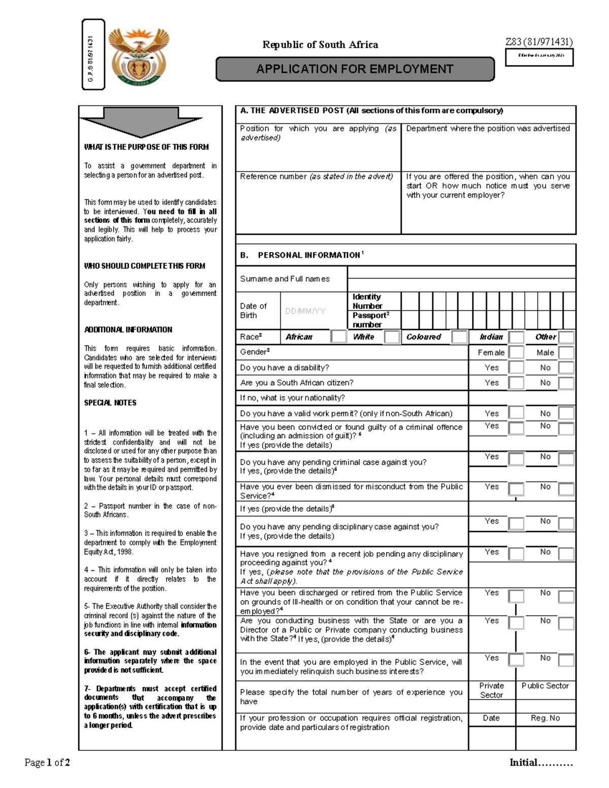Z83 form gazetted 6 nov 2020 z83 81 971431 page 1 of 2 initial